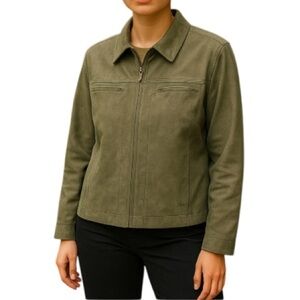 VINTAGE 90s Encore Chamois Shirt Jacket Olive Green Microfibre Zipper Collar 18